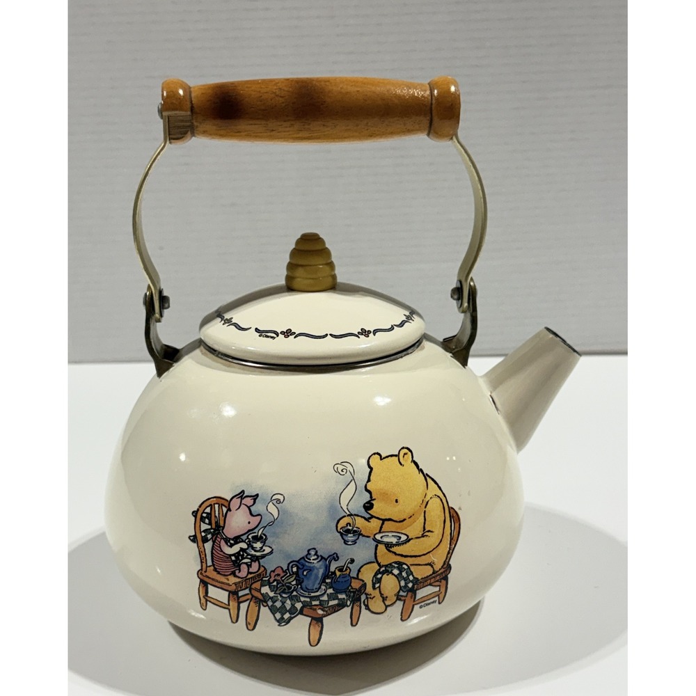 WINNIE THE POOH - Disney Tea Kettle - Cream Enamel - Wood Handle Beehive Lid -OS